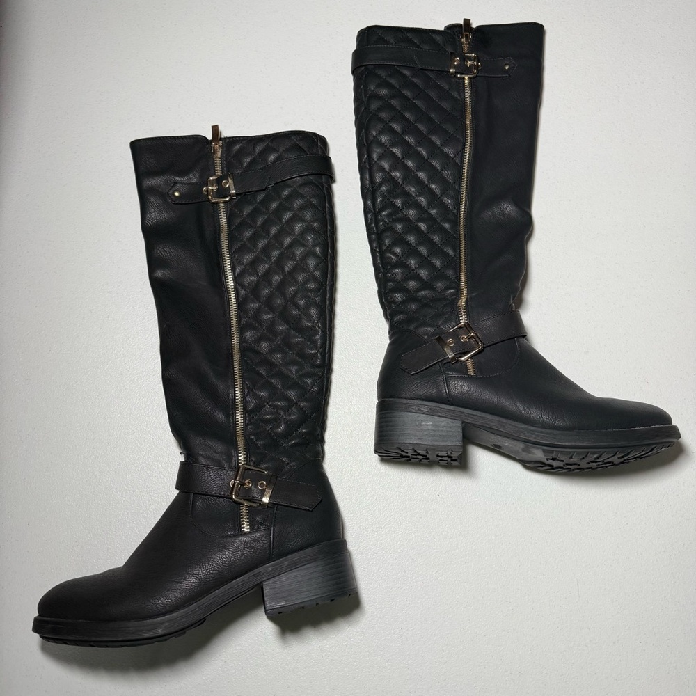 BLACK FAUX LEATHER‎ BOOTS WOMENS 6.5 GOLD ZIPPER RIDING BIKER BUCKLE